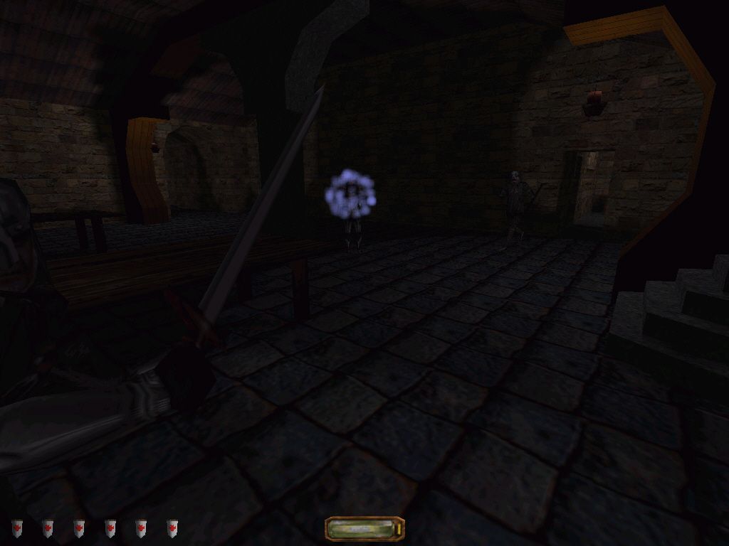 Thief: Gold (Windows) screenshot: An Air spell being cast. Other mages have magic belonging to Earth, Water and Fire.