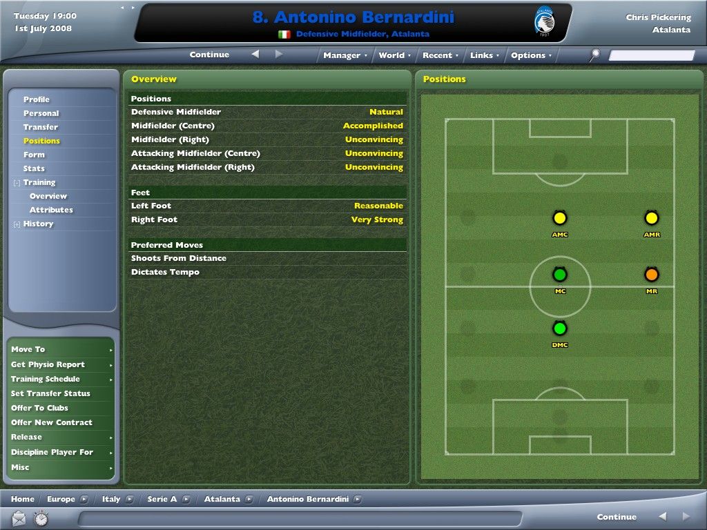 Worldwide Soccer Manager 2006 (Windows) screenshot: The new positional proficiency indicator