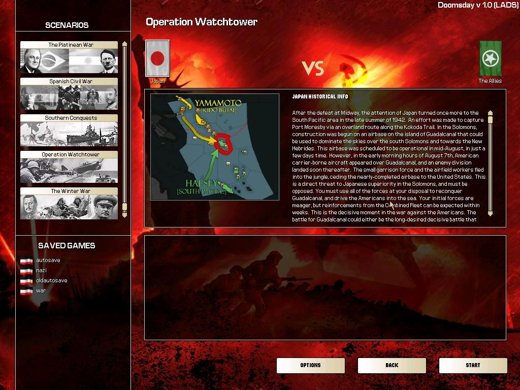 Hearts of Iron II: Doomsday (Windows) screenshot: Scenario Menu - Choose various famous battle scenes during WWII