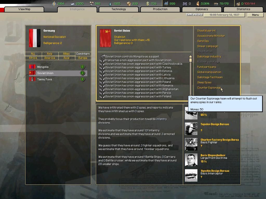 Hearts of Iron II: Doomsday (Windows) screenshot: Espionage Screen - Use your spy network to cause havoc for your own benefit