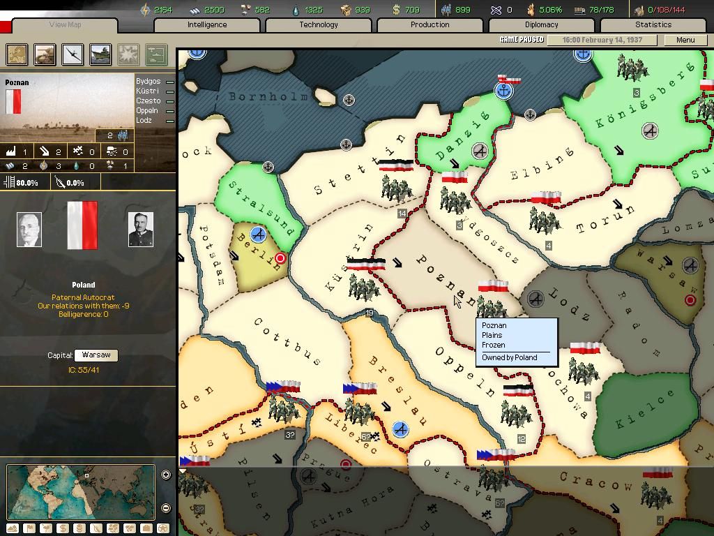 Hearts of Iron II: Doomsday (Windows) screenshot: Main Map - This is were the gameplay occurs. Here we're viewing the armies of Poland.