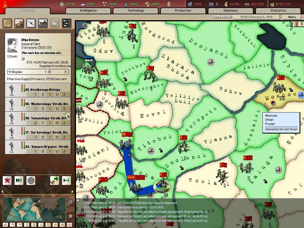 Hearts of Iron II: Doomsday (Windows) screenshot: Terrain Map: Knowing the terrain is an advantage in battle. Different units excel or fight poorly in different areas.