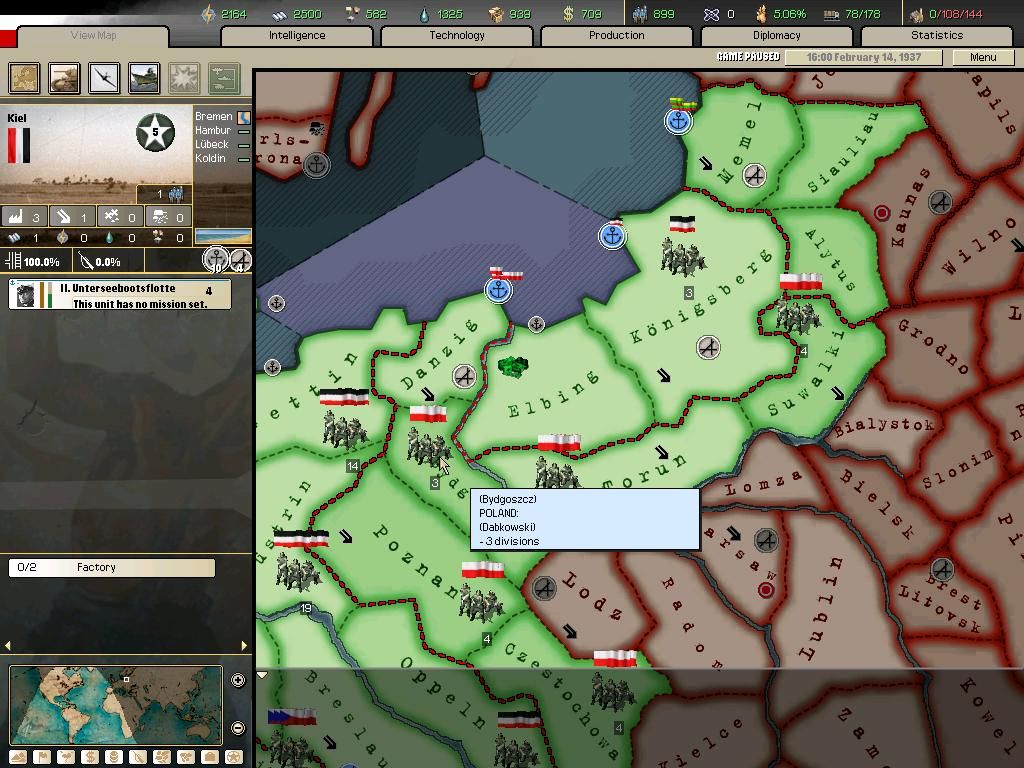 Hearts of Iron II: Doomsday (Windows) screenshot: Supply Map: If it isn't green then your troops will lack supplies to fight. That isn't good.