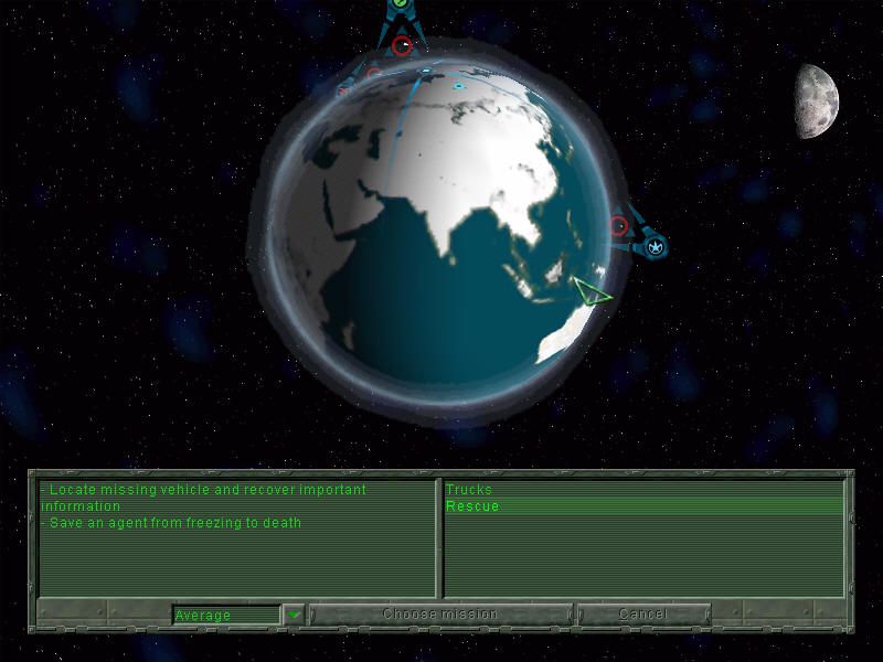 Earth 2150: The Moon Project (Windows) screenshot: Selecting a mission. In the background you can see the moon, where missions will also take place later in the game.