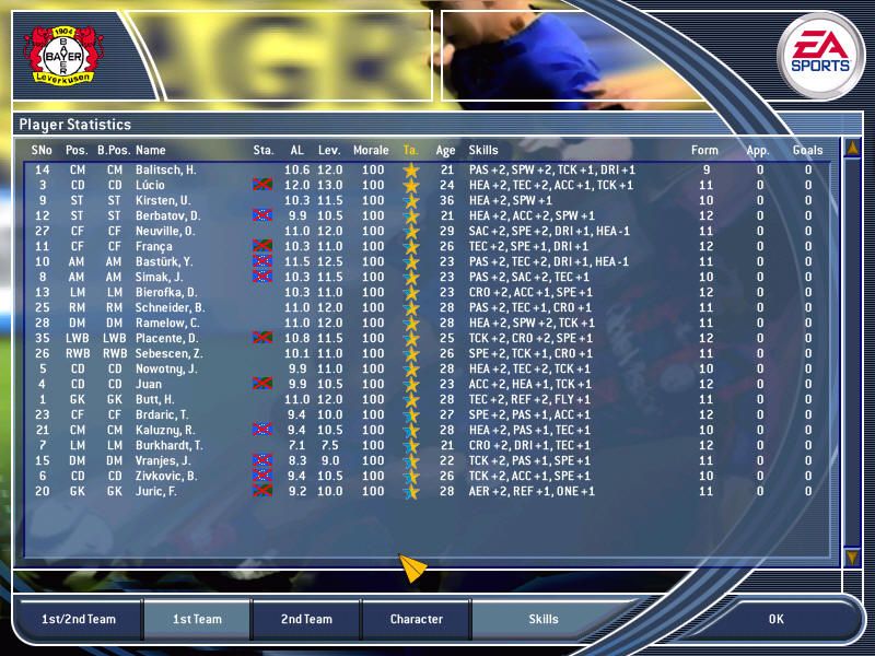 Total Club Manager 2003 (Windows) screenshot: Squad