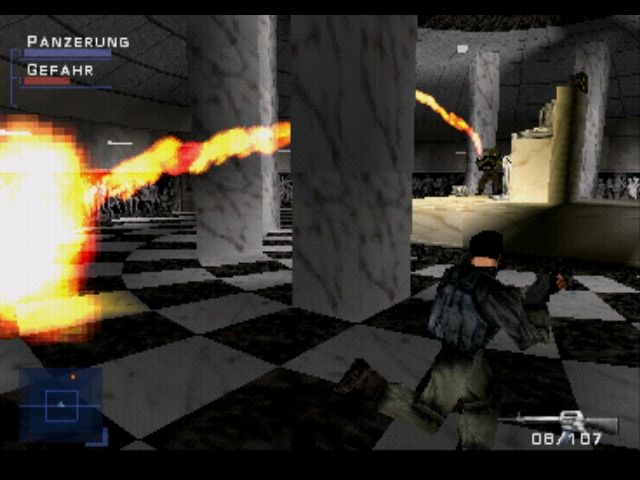 Syphon Filter (PlayStation) screenshot: Better avoid that flamethrower