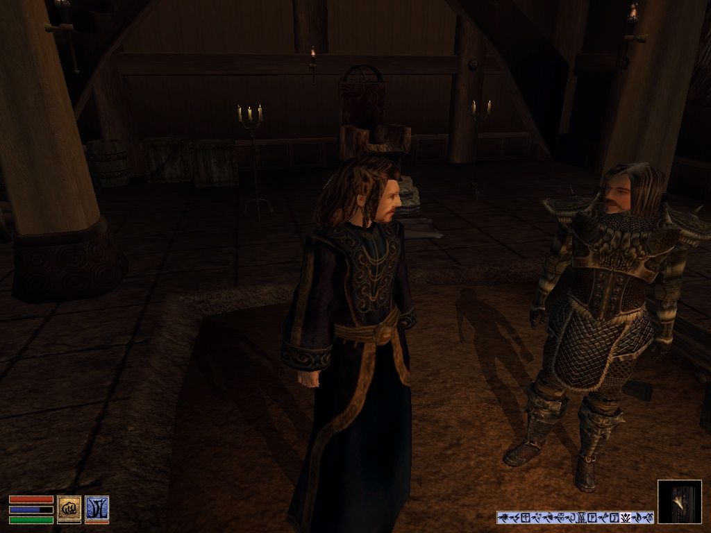 The Elder Scrolls III: Bloodmoon (Windows) screenshot: Talking to Tharsten Heart-Fang in Skaal's Great Hall.
