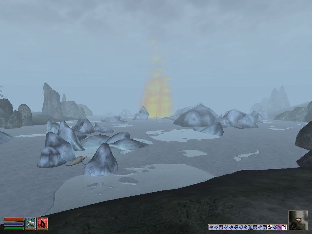 The Elder Scrolls III: Bloodmoon (Windows) screenshot: A strange fire on the surface of Lake Fjalding