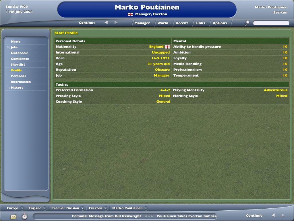 Worldwide Soccer Manager 2005 (Windows) screenshot: Manager information