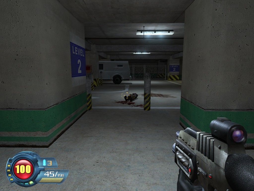 SiN Episodes: Emergence (Windows) screenshot: Inside the parking garage of the High Rise level.