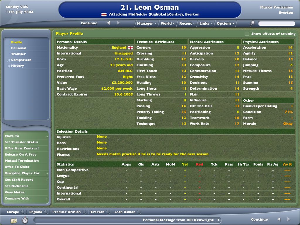 Worldwide Soccer Manager 2005 (Windows) screenshot: This lad could be useful in right mid.