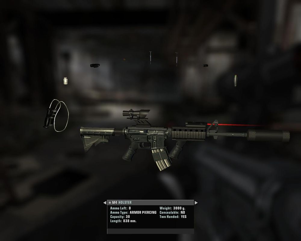 Hitman: Blood Money (Windows) screenshot: The equipment menu. A closer look at the powerful M4 assault rifle.
