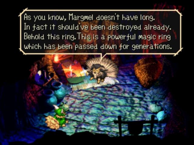 SaGa Frontier (PlayStation) screenshot: The elder tells Rikki to find magic rings with which they might be able to save Margmel.