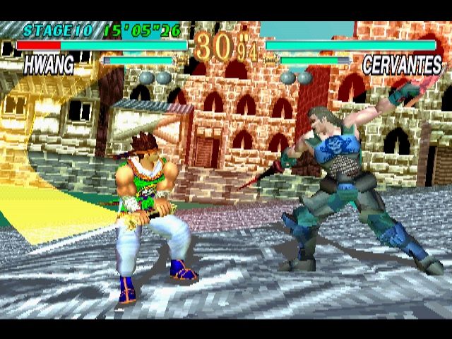 Soul Blade (PlayStation) screenshot: Cervantes' attack missed and Hwang is already starting a counterattack.