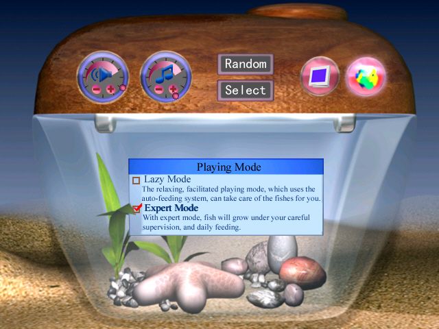 My Sim Aquarium (Windows) screenshot: Options Screen - choose resolution, music and sound.