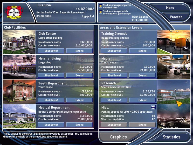 Total Club Manager 2003 (Windows) screenshot: Club facilities