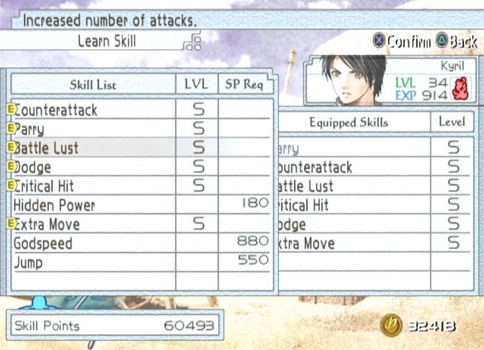Suikoden Tactics (PlayStation 2) screenshot: Customization of skills, a-la Suikoden III
