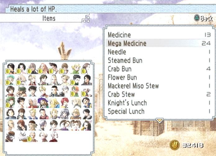 Suikoden Tactics (PlayStation 2) screenshot: Items list and incomplete recruitable characters list