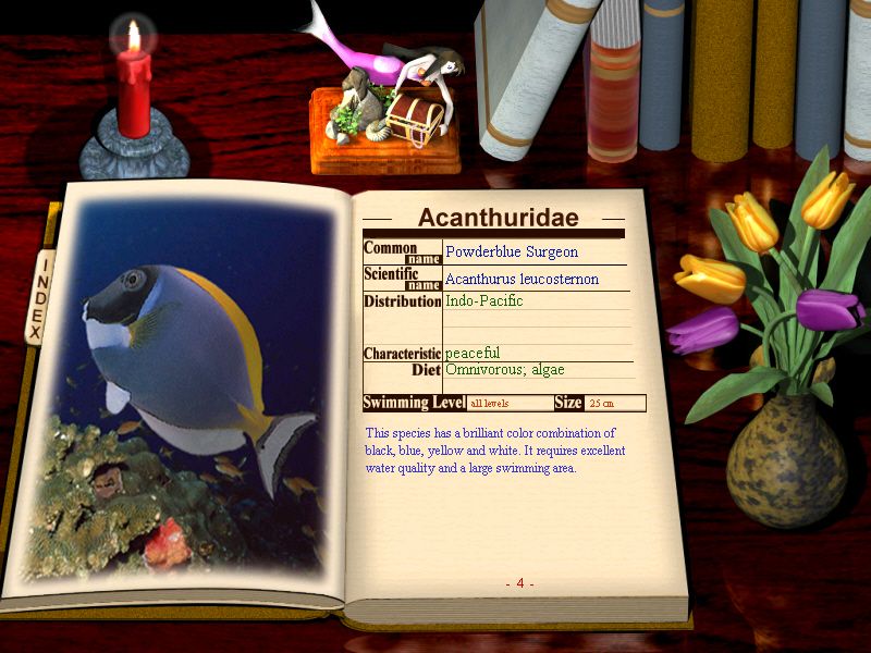 My Sim Aquarium (Windows) screenshot: Each fish has its own page in the encyclopedia.