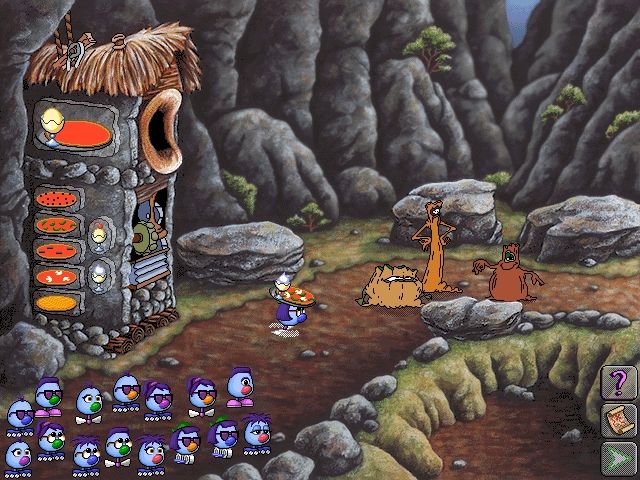 Logical Journey of the Zoombinis (Windows 3.x) screenshot: The Pizza Pass puzzle in a higher level