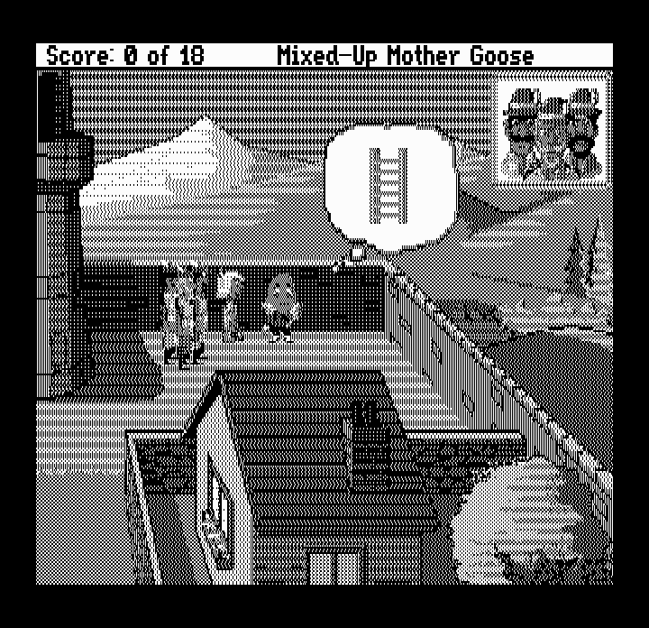 Mixed-Up Mother Goose (DOS) screenshot: Humpty Dumpty needs a ladder (Hercules Monochrome)