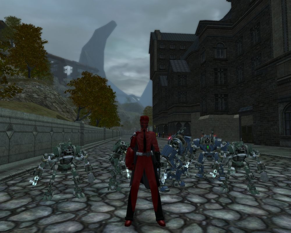 City of Villains (Windows) screenshot: Der Maschinist with metal mask and his little helping robots