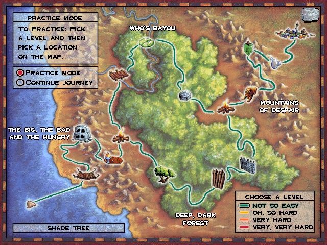 Logical Journey of the Zoombinis (Windows 3.x) screenshot: An overview on the 12 different puzzles