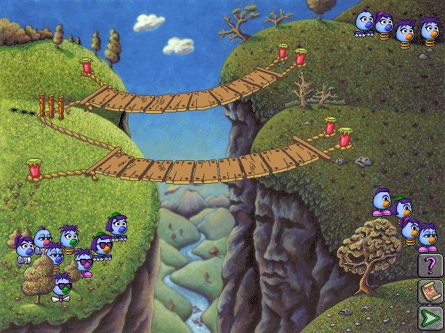 Logical Journey of the Zoombinis (Windows 3.x) screenshot: The first puzzle: The Allergic Cliffs; the cliffs are allergic against specific Zoombinis