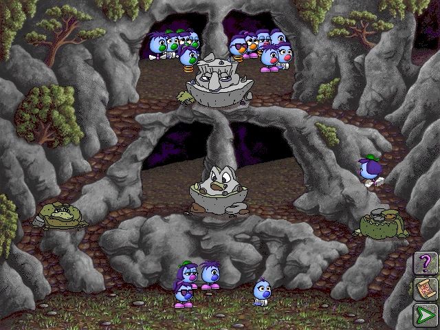 Logical Journey of the Zoombinis (Windows 3.x) screenshot: The second puzzle: The Stone Cold Caves; the guards only let specific Zoombinis pass