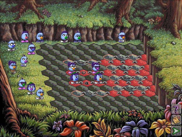 Logical Journey of the Zoombinis (Windows 3.x) screenshot: Stone Rise; you have to gather the Zoombinis with the same characteristics on the right stones