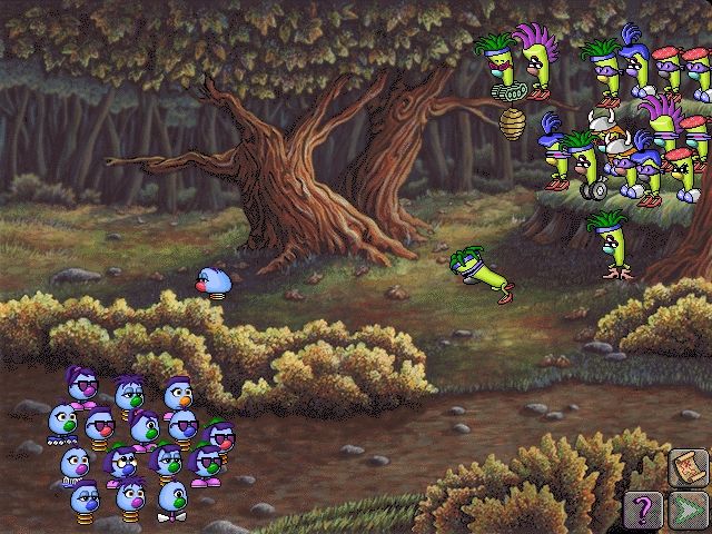 Logical Journey of the Zoombinis (Windows 3.x) screenshot: Fleens!; you have to lure the three Fleens off the branch to release the bees