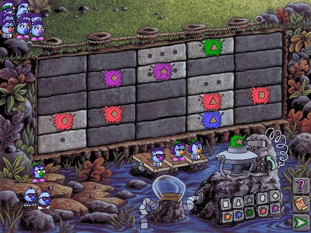 Logical Journey of the Zoombinis (Windows 3.x) screenshot: Mudball Wall; you have to hit the right parts of the wall by choosing the colour and the symbol of the mudball