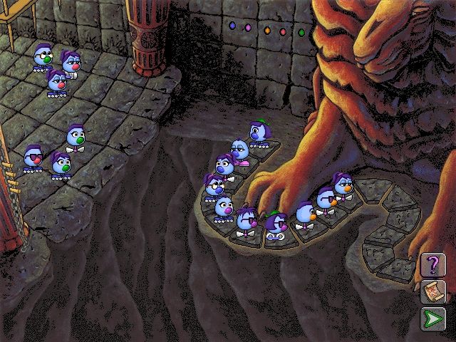 Logical Journey of the Zoombinis (Windows 3.x) screenshot: The Lion's Lair; you have to put the Zoombinis in the right order following the symbols on the wall