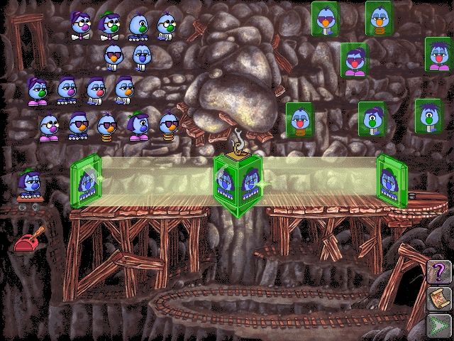 Logical Journey of the Zoombinis (Windows 3.x) screenshot: Mirror Machine; you have to find the matching reflections for the Zoombinis