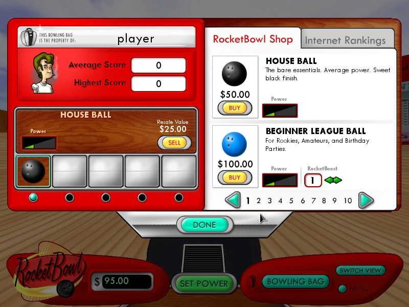 RocketBowl (Windows) screenshot: Prices of the balls range from $10...