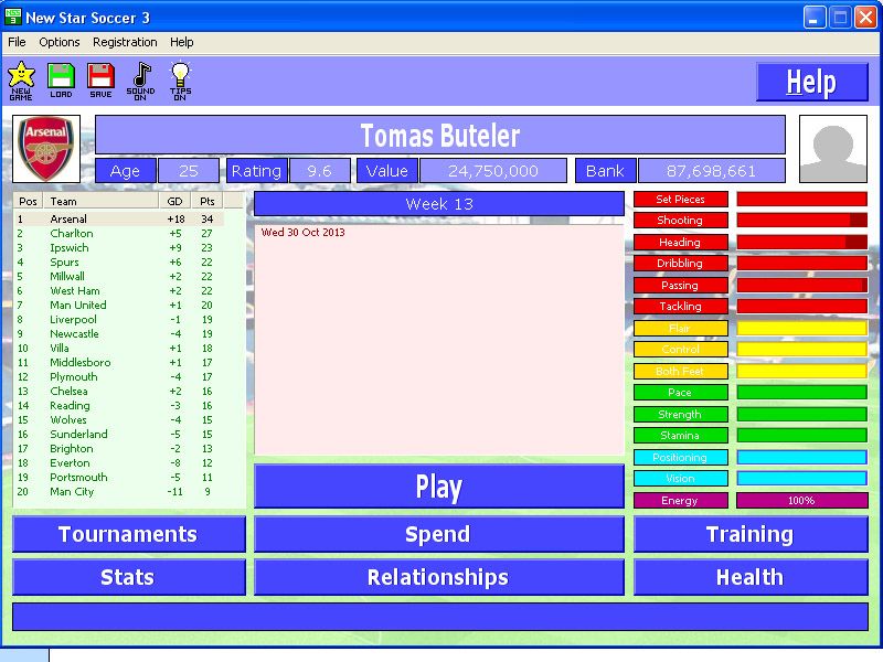 New Star Soccer 3 (Windows) screenshot: The game's main screen