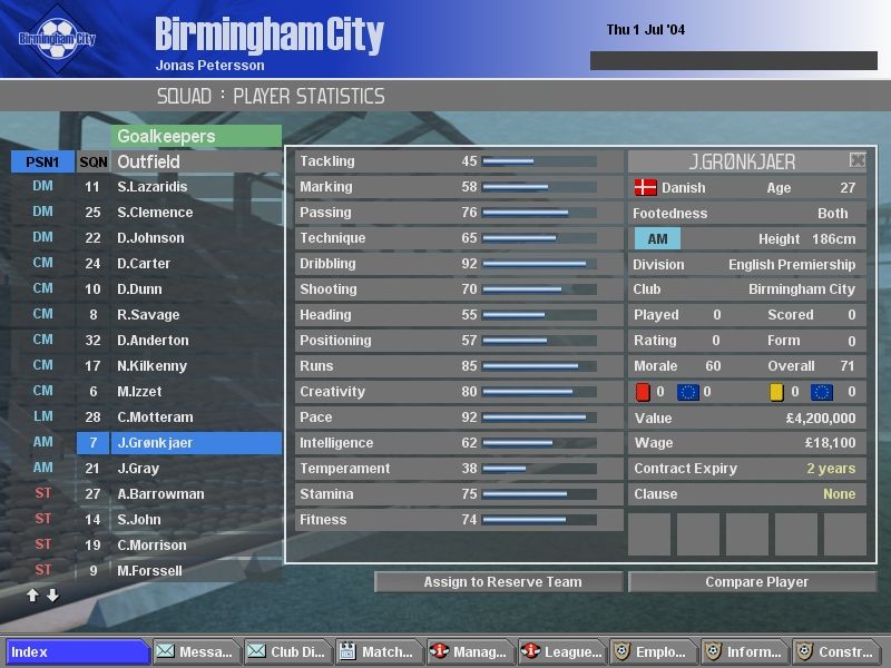 LMA Professional Manager 2005 (Windows) screenshot: Player statistics
