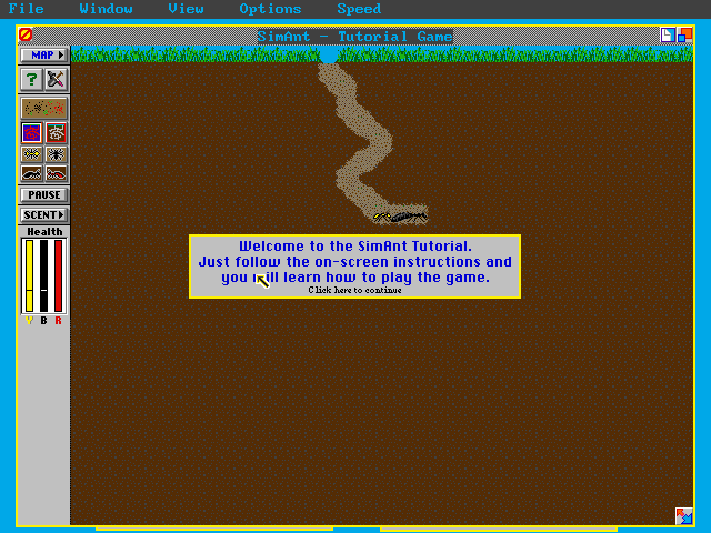 SimAnt (DOS) screenshot: Welcome to the tutorial! 2-D underground mode.