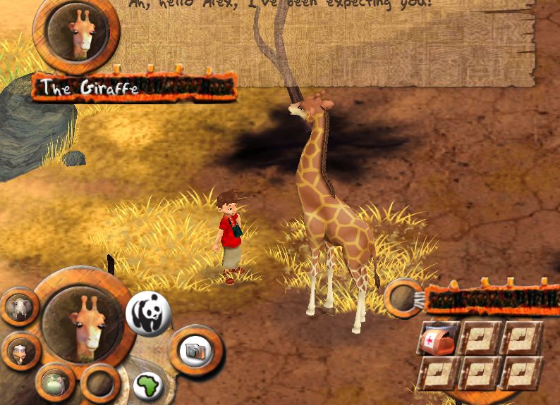 WWF Panda Junior (Windows) screenshot: The giraffe's acacia trees have been burned down.