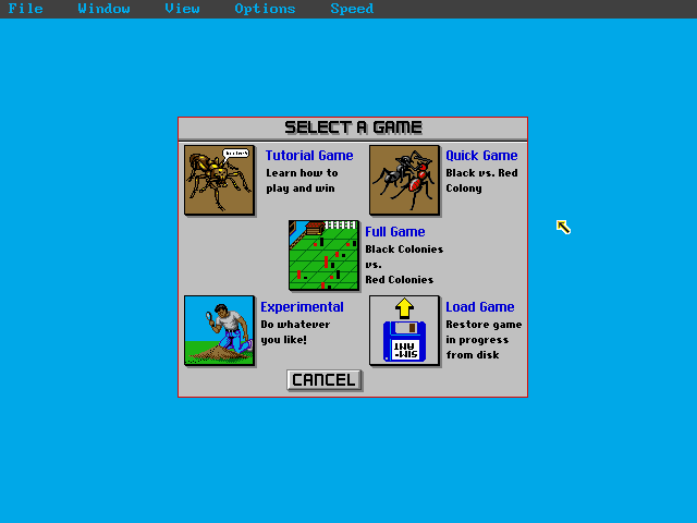 SimAnt (DOS) screenshot: Main menu