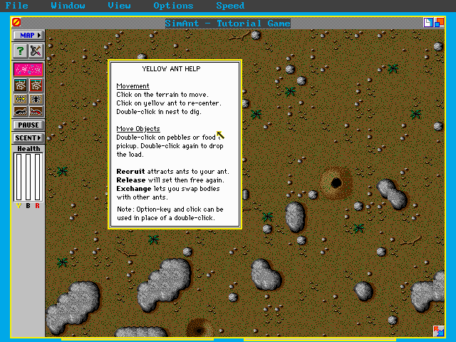 SimAnt (DOS) screenshot: Plenty of help from the interface, and plenty is needed.