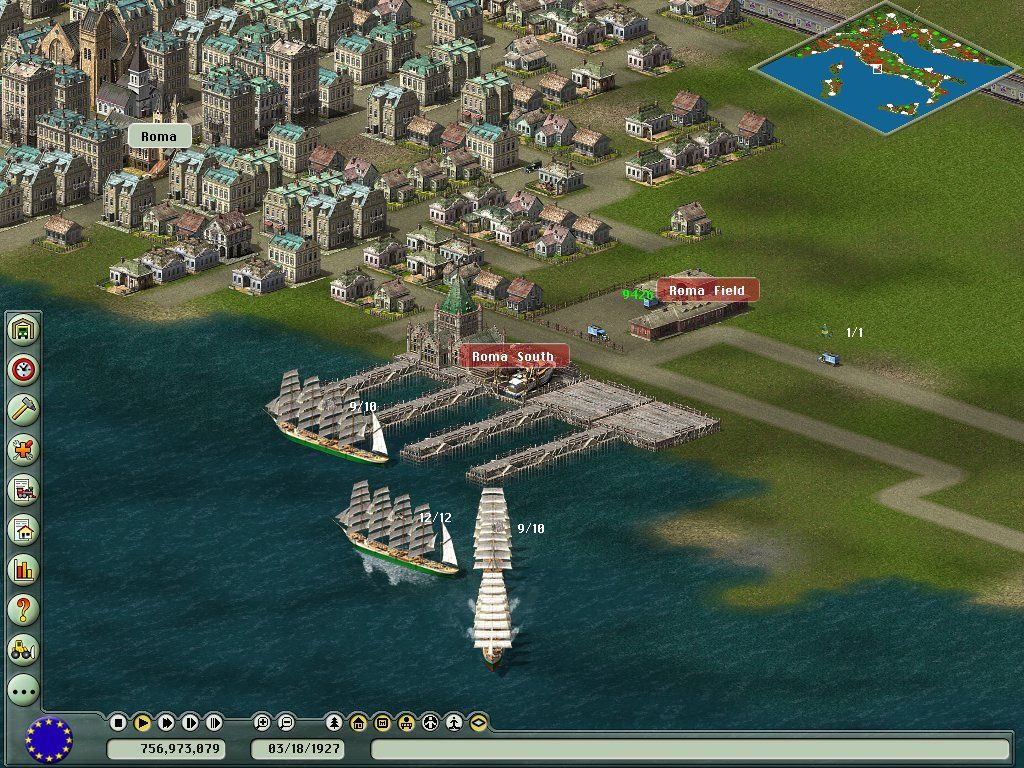 Transport Giant (Windows) screenshot: Rome's port 1927 - use ships where you can, as soon as they are available