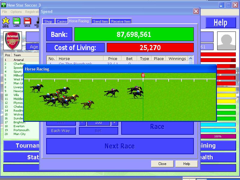 New Star Soccer 3 (Windows) screenshot: Photo Finish! Careful with that gambling addiction...