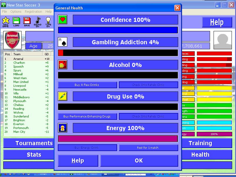 New Star Soccer 3 (Windows) screenshot: The health screen: energy, confidence and else
