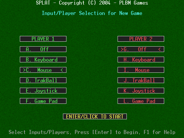 Splat! (DOS) screenshot: Input selection