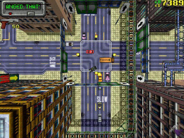 Grand Theft Auto (DOS) screenshot: On the ticker in the upper left you get hints and messages.
