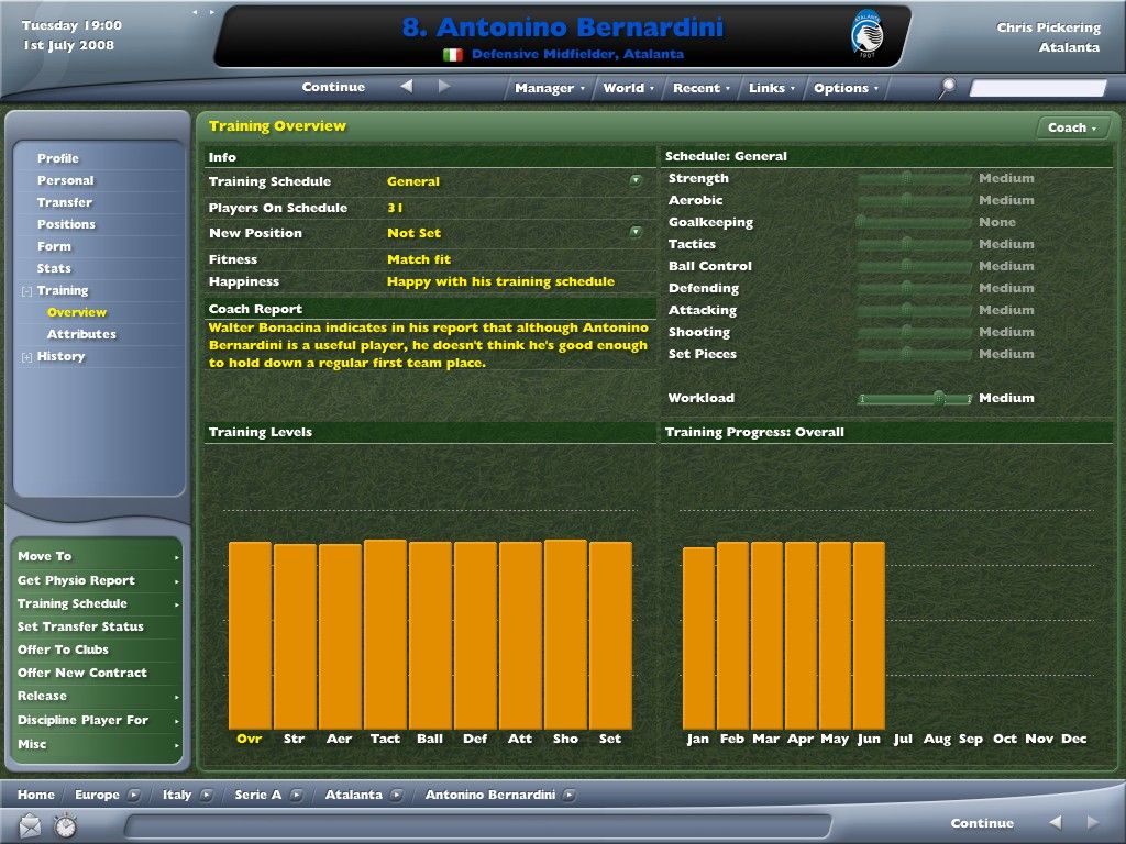 Worldwide Soccer Manager 2006 (Windows) screenshot: How well is he doing in training?