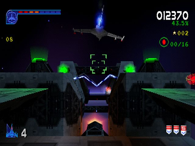 Galaga: Destination Earth (PlayStation) screenshot: Orbit Level - Weaving through space station.