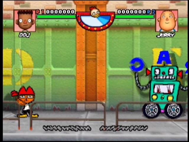 Rakugakids (Nintendo 64) screenshot: Cat.Kit and C.H.O. battle it out