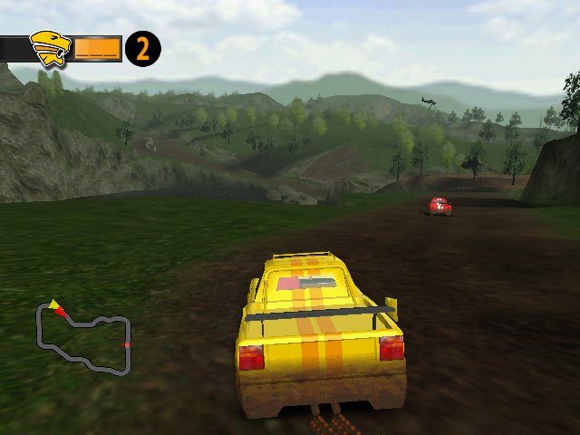 Mashed: Drive to Survive (Windows) screenshot: Close-up camera view with a sight of beautiful scenery